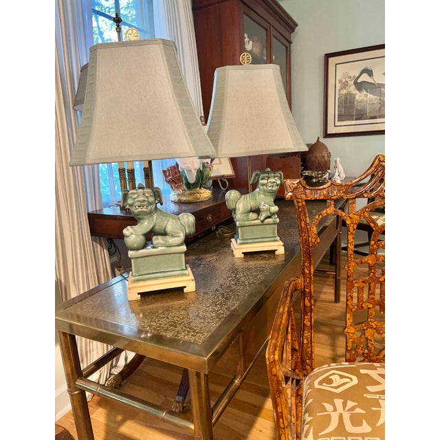 Vintage Celadon Crackle Glaze Chinoiserie Foo Dog Lamps - A Pair For Sale - Image 4 of 15