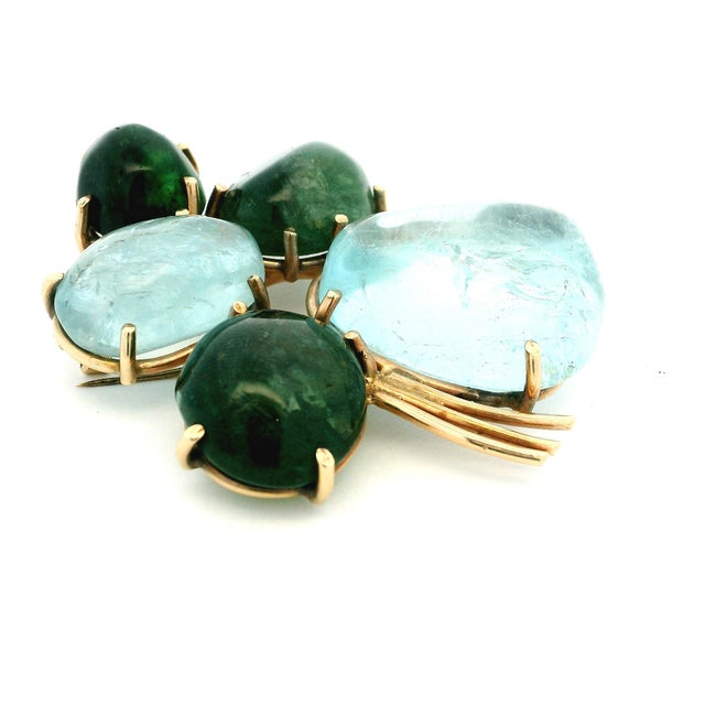 Italian Mid-Century Aquamarine & Green Tourmaline Floral Brooch in 14k Gold For Sale - Image 16 of 17