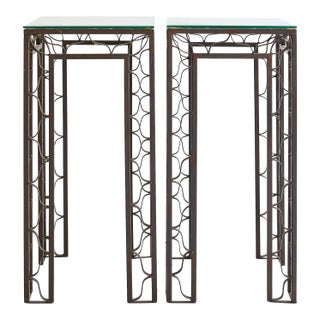 Pair of Pedestal Tables With Metalwork Frames and Glass Tops, Indoor/Outdoor For Sale