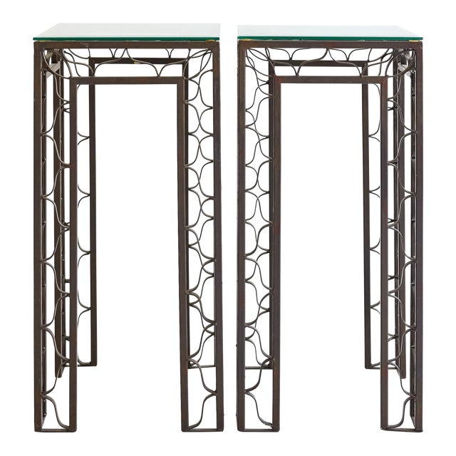 Pair of Pedestal Tables With Metalwork Frames and Glass Tops, Indoor/Outdoor For Sale