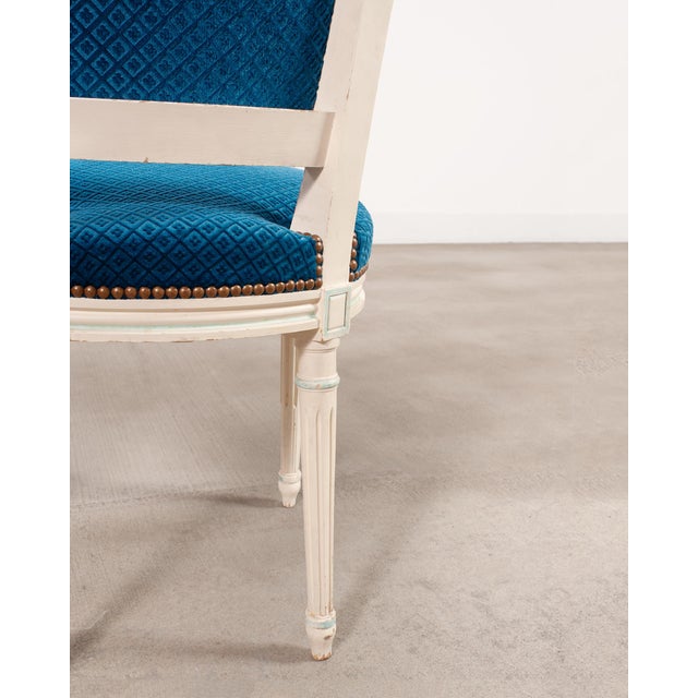 Set of Eight Louis XVI Style Painted Dining Chairs in Blue Velvet For Sale - Image 15 of 18