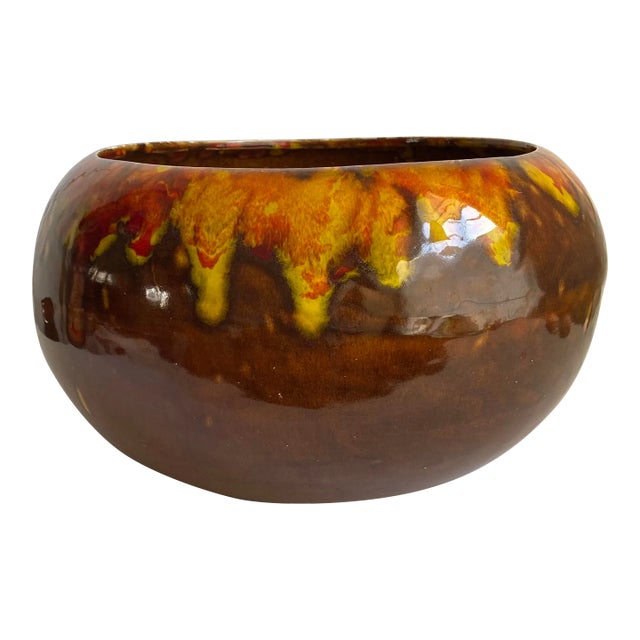 Frank Moreno Usa Pottery XL Large Planter Brown Yellow Red Drip Glaze Signed Mid Century Modern 1960s For Sale