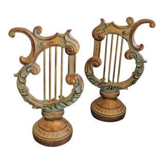 Hand Painted Harp Lyre Bookends - a Pair For Sale