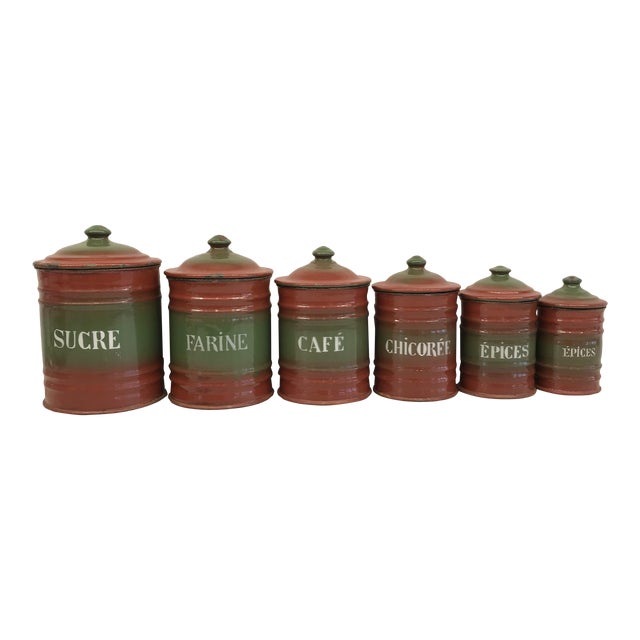 Vintage French Enamel Kitchen Canister Set Red/Green - 6 Pieces