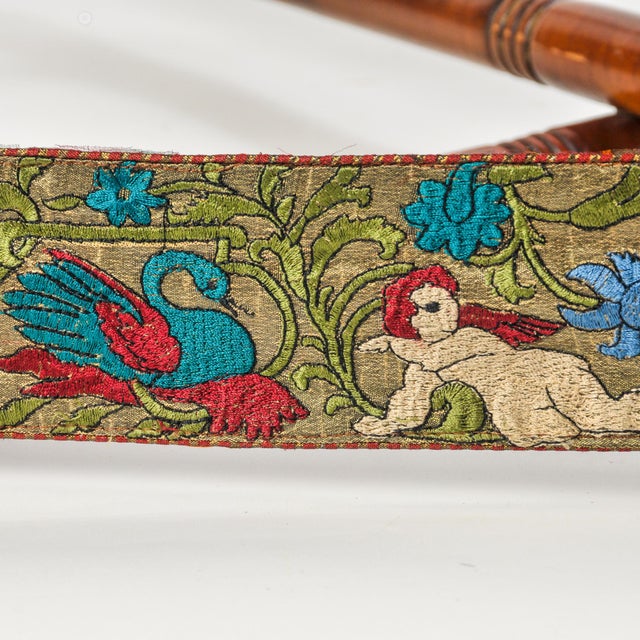 Early 20th Century Antique Luggage Rack With Vintage Swan Embroidered Ribbon | Antique Butler's Table | Folding Suitcase Stand For Sale - Image 5 of 13