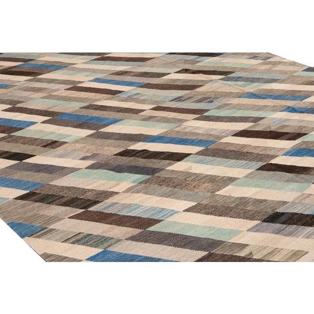 Textile Contemporary Kilim Flatweave Multicolor Geometric Abstract Wool Rug For Sale - Image 7 of 9