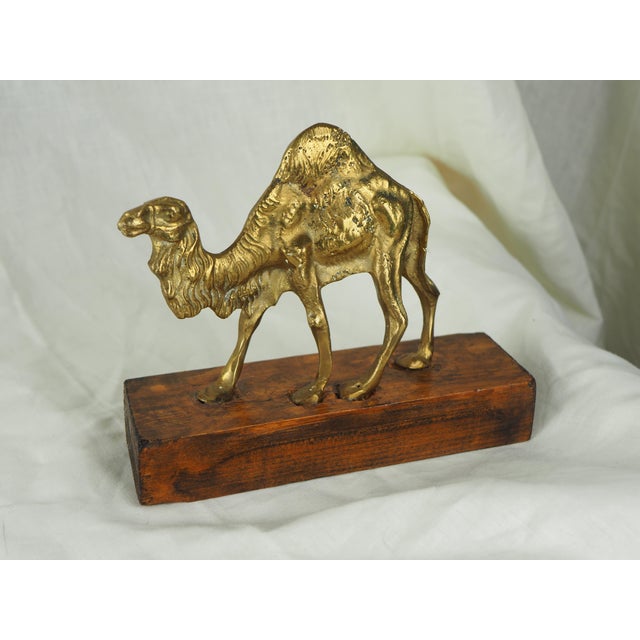 Wood Late 20th Century Moroccan Brass Camel on Wooden Display Stand For Sale - Image 7 of 9