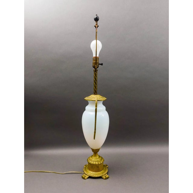 Mid-Century Modern Mid 20th Century French Gold Ormolu Gilt Bronze Opaline Opalescent Glass Table Lamp For Sale - Image 3 of 8