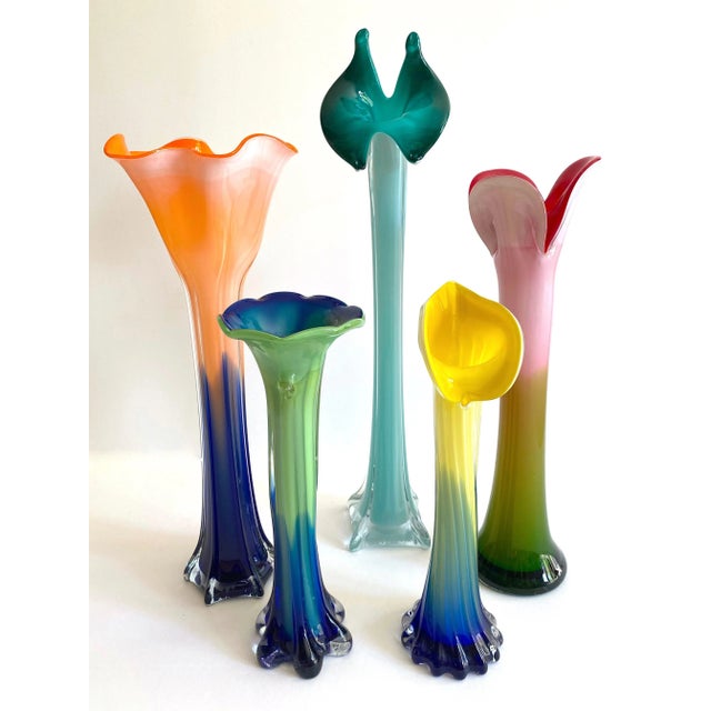 Vintage 1990's Post Modern Hand Blown Art Glass Multicolor Ombre Flowers Contemporary Vases - Set of 5 For Sale - Image 10 of 13