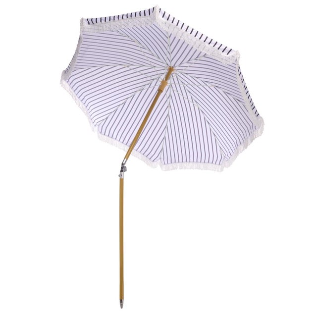 Bella 6.5 Ft Beach Fringed Umbrella, Navy Bistro Stripe For Sale In Philadelphia - Image 6 of 8