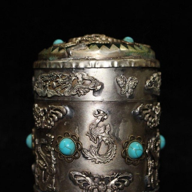 Vintage Tibetan Silver-Plated Tea Caddy With Turquoise Dragons For Sale - Image 9 of 9