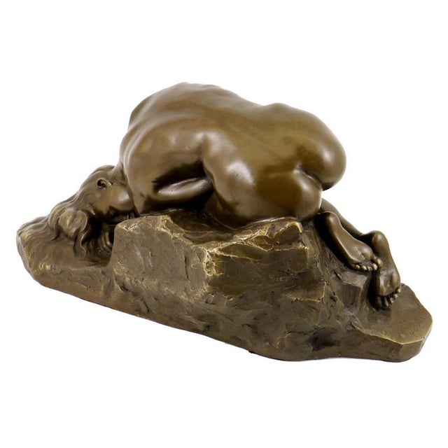 Modern brown patinated bronze sculpture in the 20th century style. This figurative bronze statue shows a female nude...