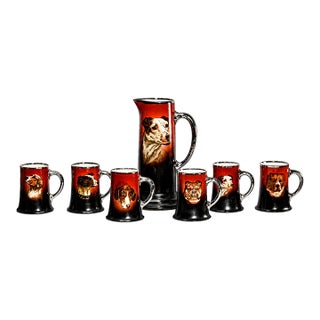 Antique Victorian Pitcher Mugs Hand Painted Dog Canine Portraits - Rare Complete Set of 7 For Sale