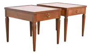 Baker Furniture French Regency Louis XVI Carved Cherry and Burl Wood Tea Tables, Newly Refinished