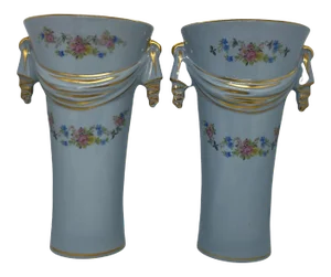 Mid 20th Century Baby Blue Ceramic Vases With Gold Trim and Floral Design - a Pair