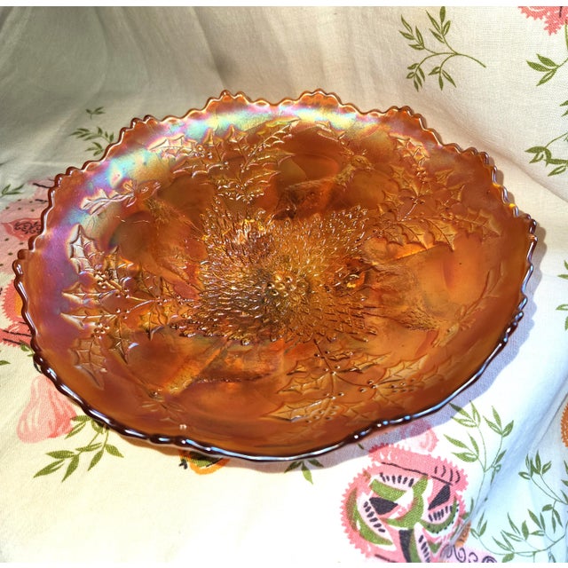Mid-Century Modern Fenton Vintage Stags and Hollies Marigold Serving Bowl For Sale - Image 3 of 3