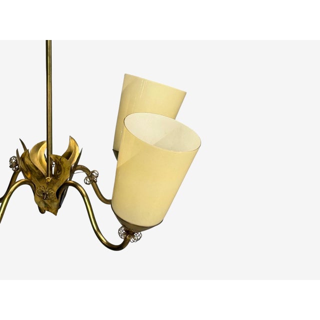 Tan 1950s Itsu Oy, Finnish Modern, Chandelier, Brass, Opal Glass For Sale - Image 8 of 13