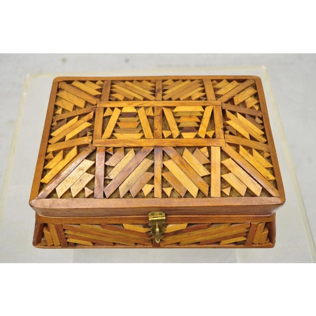 Arts & Crafts Vintage Arts & Crafts Tramp Art Folk Art Wood Inlay Jewelry Trinket Desk Box For Sale - Image 3 of 9