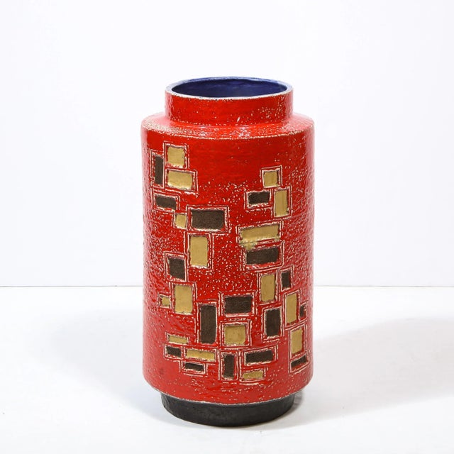 Mid-Century Modern Scarlet Red Handpainted Umbrella Stand w/ Rectilinear Details For Sale - Image 4 of 12