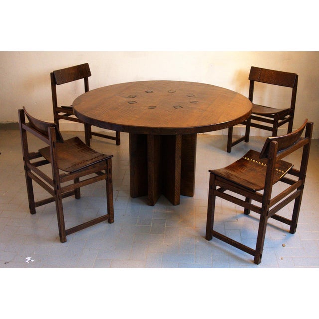 Early Oak Dining Table with Diamond-Carved Chairs by Giuseppe Rivadossi, 1979, Set of 5 For Sale - Image 9 of 9