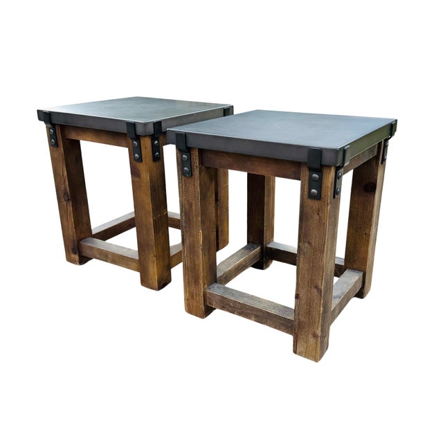 Restoration Hardware Rh Reclaimed Wood & Aged Zinc Strap Side Tables – Rustic Industrial Farmhouse Accent Tables For Sale - Image 15 of 16