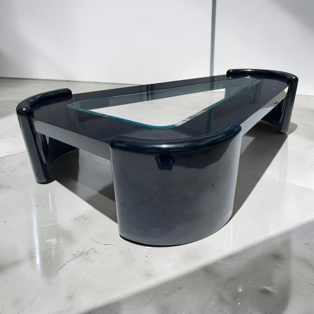 Black XL Postmodern Glass Black Lacquer Triangular Coffee Table For Sale - Image 8 of 9