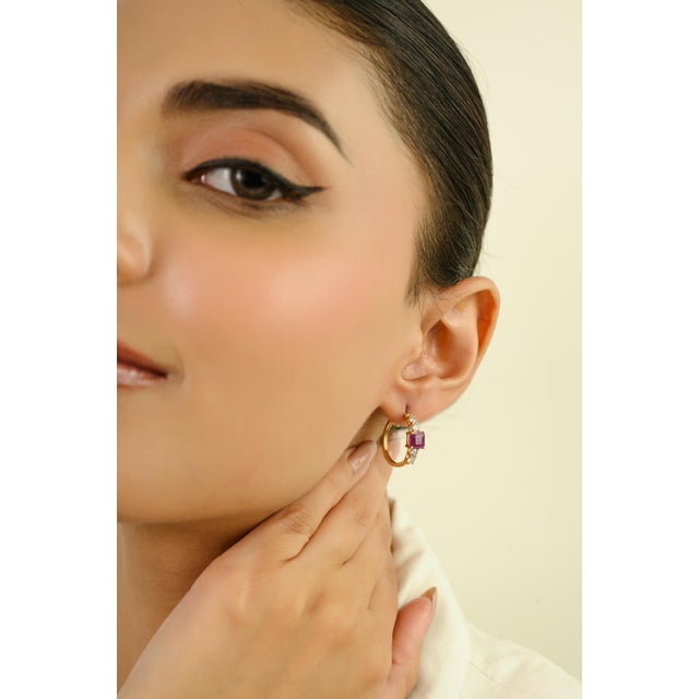 Pinkish Red 1.99Ct Square Cut Ruby & Diamond Hoop Earrings in 14k Yellow Gold- A Pair For Sale - Image 4 of 13