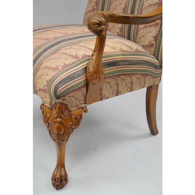 Traditional Mid 20th Century Vintage Georgian Style Carved Mahogany Figural Faces Paw Foot Lounge Arm Chair For Sale - Image 3 of 11