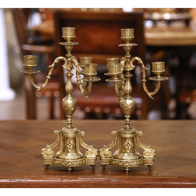 French Pair of 19th Century French Louis XVI Style Bronze Four-Light Candelabras For Sale - Image 3 of 12