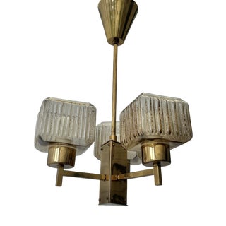 Scandinavian Modern Chandelier in Brass and Glass with Three Arms, Sweden, 1960s For Sale