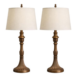 Late 20th Century Traditional Fluted Column Table Lamps With Linen Shades - a Pair For Sale