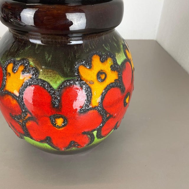 Large Fat Lava Multi-Color Floral Floor Vase attributed to Scheurich, 1970s For Sale - Image 10 of 16