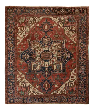 Antique Persian Heriz Rug in a Red, Blue, Beige Medallion Pattern