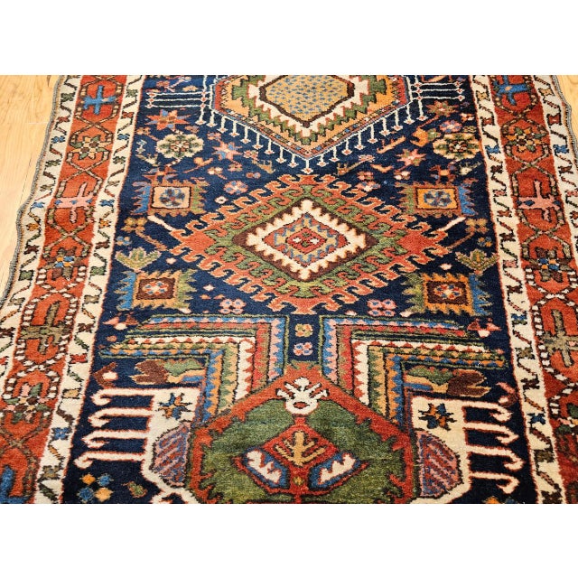 Vintage Persian Heriz Serapi Runner Rug, Hand-Knotted Wool, Geometric Medallion Pattern, Navy, 3x12 For Sale - Image 16 of 16