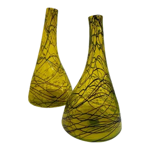 Late 20th Century Art Nouveau Blown Yellow Glass Vases With Veined Design- Set of 2