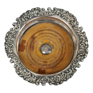 Antique English Victorian Silver Plated Floral Mahogany Bar Wine Bottle Coaster For Sale