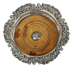 Antique English Victorian Silver Plated Floral Mahogany Bar Wine Bottle Coaster