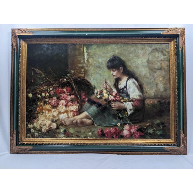 Late 19th Century Attributed Sophie-Vera Bovet Large Vivid Floral Figurative Oil Painting, Green & Gold Gilt Frame For Sale - Image 14 of 17