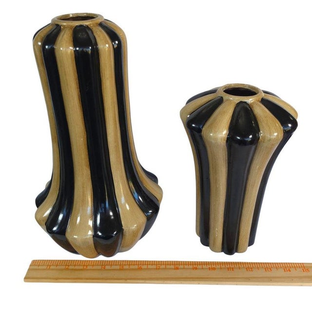 Art Deco Hollywood Regency Black & Tan Fluted Ceramic Vase Pair For Sale - Image 15 of 16