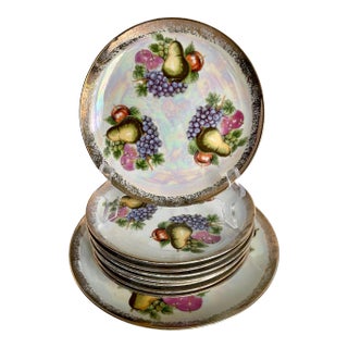 1940s Hollywood Regency Gold Fruit Porcelain Plate and Platter Set - Set of 9 For Sale