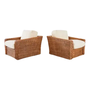 Pair of Michael Taylor Style Woven Rattan Wicker Lounge Chairs