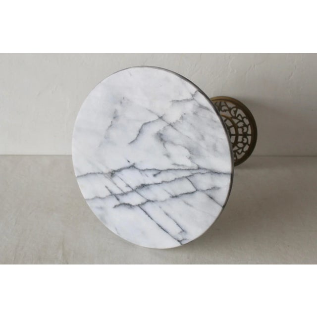 Metal 1970s Pierced Reticulated Brass Pedestal Marble Top Drinks Side Table For Sale - Image 7 of 12