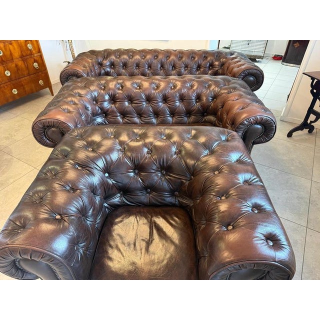 Chesterfield Sofas and Club Chair in Leather, Set of 3 For Sale - Image 10 of 18