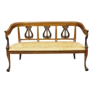 Vintage Italian Neoclassical Cherry Wood Dolphin Lyre Carved Rush Seat Bench For Sale