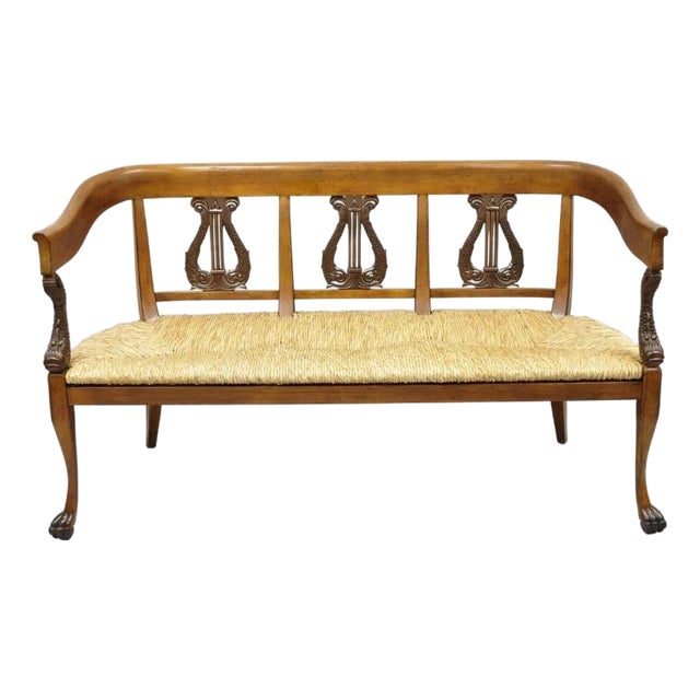 Vintage Italian Neoclassical Cherry Wood Dolphin Lyre Carved Rush Seat Bench For Sale