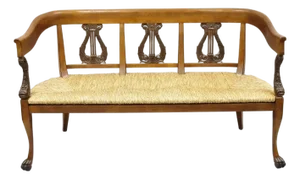 Vintage Italian Neoclassical Cherry Wood Dolphin Lyre Carved Rush Seat Bench