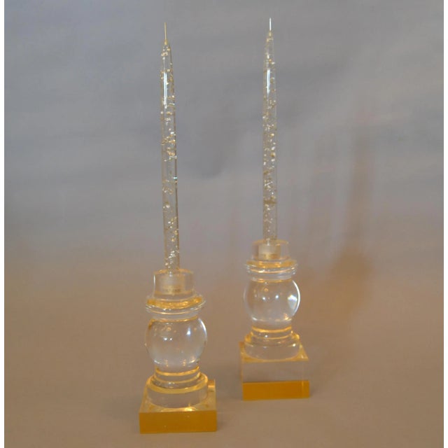 Modern Clear & Gold Turned Acrylic Candle Holders, Candlesticks, Pair For Sale - Image 10 of 13