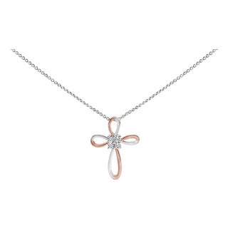 10K Rose Gold Plated Sterling Silver Diamond Accent Cross Pendant Necklace For Sale