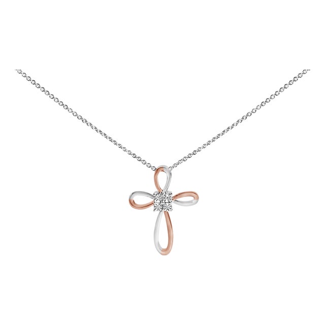 10K Rose Gold Plated Sterling Silver Diamond Accent Cross Pendant Necklace For Sale