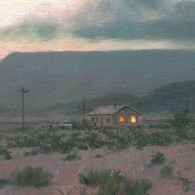 Phone Home by Mark Harrison | Oil on canvas Landscape with mountains and a distant house at dusk For Sale - Image 4 of 5